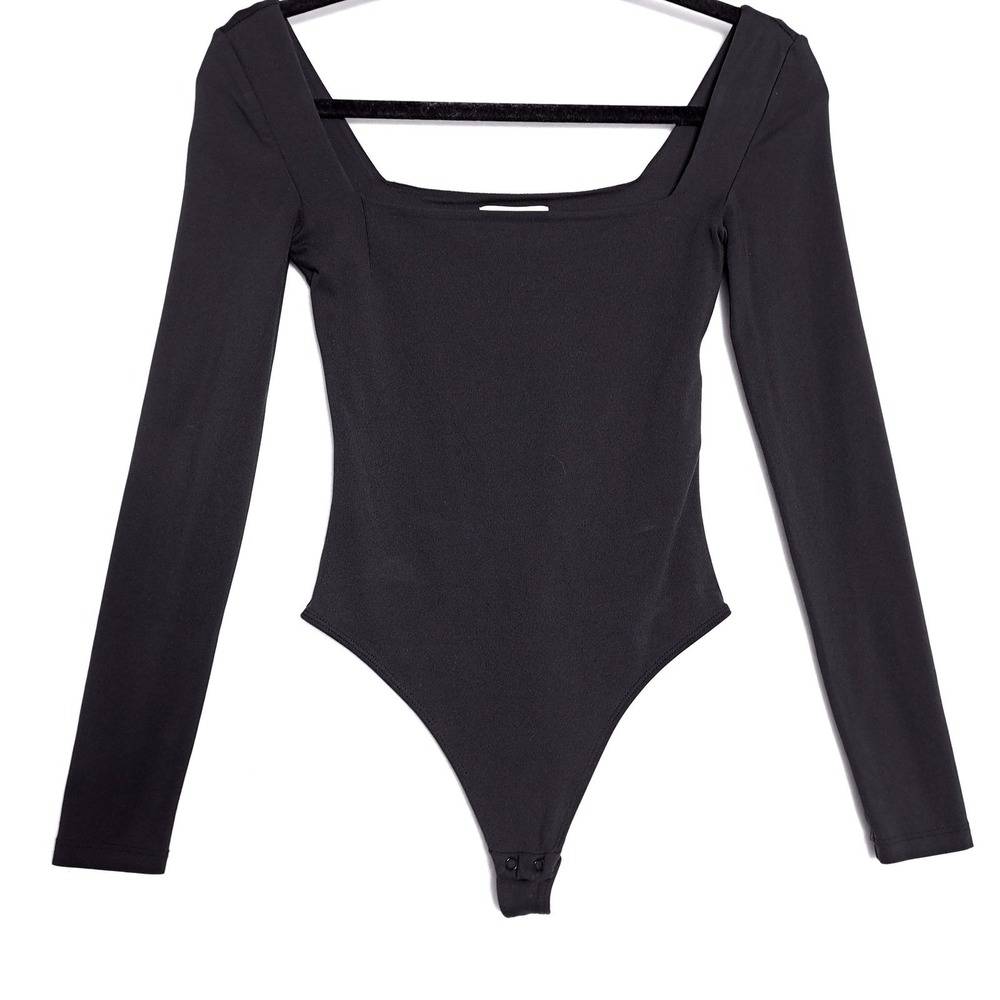 Babaton Bodysuit‎ Womens XS Black Square Neck Long Sleeve Thong Minimalist Chic